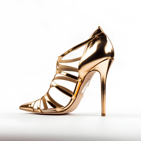 Golden high-heeled shoes on a white background. 3d renderingの素材