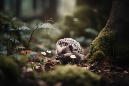 Hedgehog with flowers in the forest. Selective focus.の素材