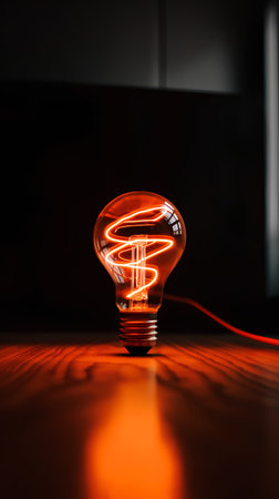 Light bulb on a wooden table in a room with a dark backgroundの素材