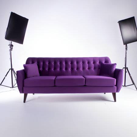 Purple leather sofa and lighting equipment on a white studio background.の素材