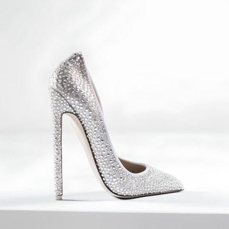 Shoes made of silver sequins on a white background. Isolateの素材