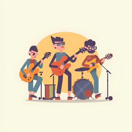 Musicians playing guitar and drumsticks. Flat style vector illustration.の素材