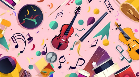 Seamless pattern with musical instruments and notes. Vector illustration.の素材