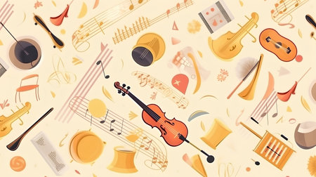 Music seamless pattern with musical instruments and notes. Vector illustration in cartoon styleの素材