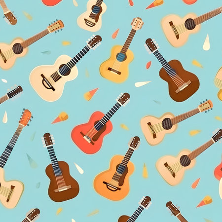 Seamless pattern with acoustic guitars on blue background. Vector illustration.の素材