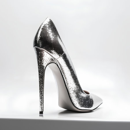 Silver high-heeled shoes on a white background, studio shotの素材