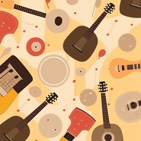 Seamless pattern with acoustic guitars and vinyl records. Vector illustration.の素材