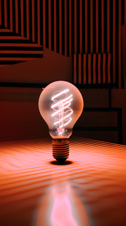 A glowing light bulb on a red background. 3D rendering.の素材