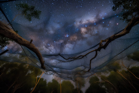 Milky Way over a tree in the forest. 3d renderingの素材