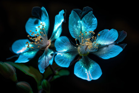 Beautiful blue flowers on a black background, close-up.の素材