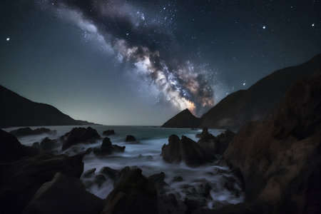 Milky Way over a rocky beach with a star in the skyの素材