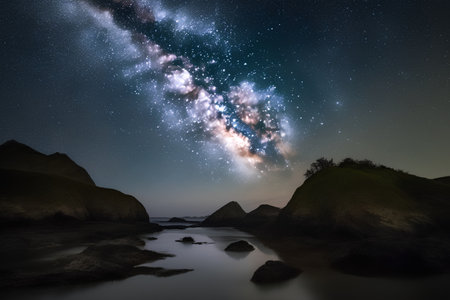 Milky Way over the rocks in the sea with starry skyの素材