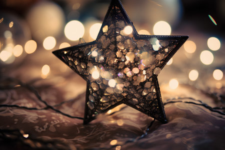 Christmas star on the background of a garland with bokehの素材