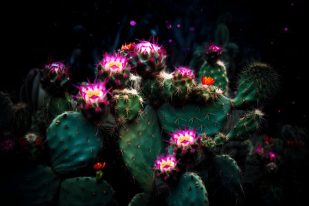 Cactuses and flowers in the desert on a dark background.の素材