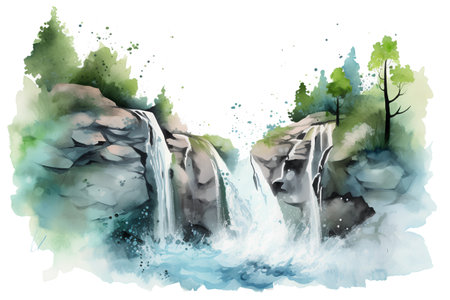 Watercolor hand drawn illustration of a waterfall in the forest. Watercolor background.の素材