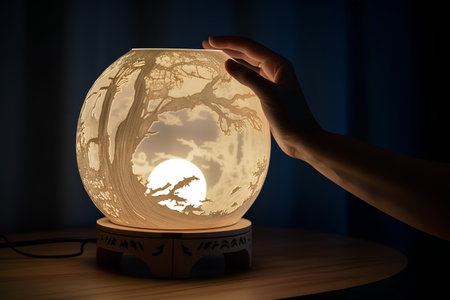 lantern in hand on the background of the night sky and the moonの素材
