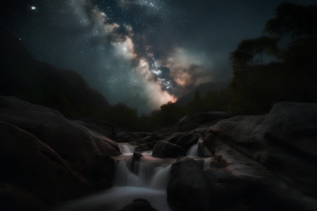 Milky Way over a waterfall in the mountains. 3d renderの素材