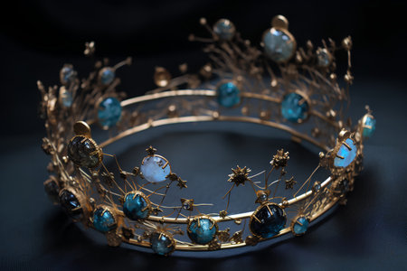 jewelry crown with blue and gold stones on a dark backgroundの素材