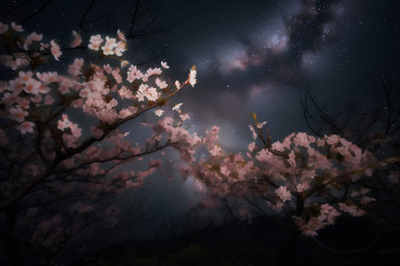 cherry blossom in the night sky with stars and milky wayの素材