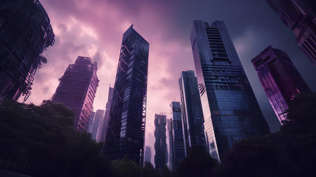 modern skyscrapers in hongkong at sunset, Chinaの素材