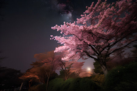 Cherry blossoms at night with starry sky and milky wayの素材
