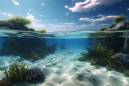 Underwater view of coral reef and blue ocean. 3d renderの素材