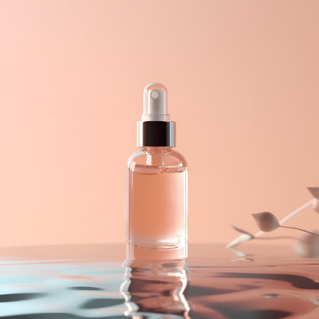 Cosmetic bottle with dropper on water surface, 3d renderの素材