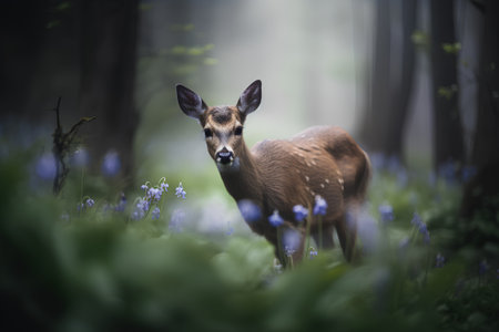 Young whitetail doe in the forest with bluebellsの素材