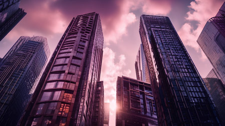 Modern skyscrapers at sunset in Shanghai, China. Photo in old color image style.の素材