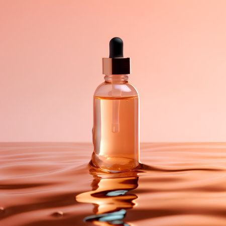 Bottle of essential oil with dropper on a brown background.の素材