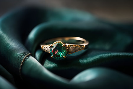 wedding rings on green satin background. Luxury jewelryの素材