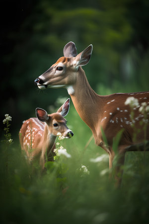 Two whitetail fawns standing in the meadow.の素材