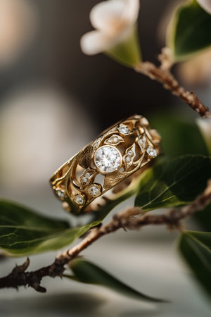 Jewelry ring with diamonds on a branch with green leaves.の素材