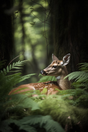 Young whitetail deer in ferns in a forest.の素材
