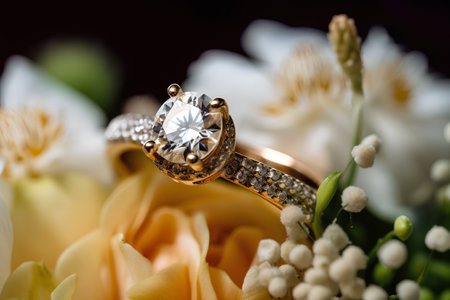 Wedding rings with diamonds on a background of flowers close-upの素材