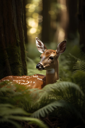 Young whitetail deer doe with ferns in forestの素材