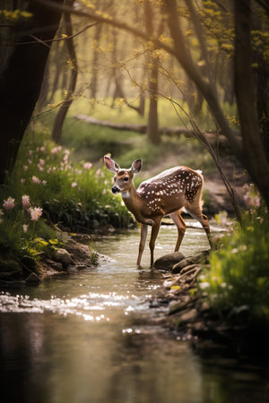 Spotted deer in the forest. Wild fawn standing in the water.の素材