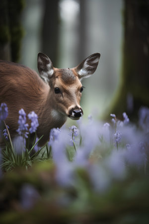 Beautiful white-tailed deer in the forest with bluebellsの素材