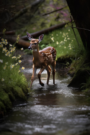 Young whitetail fawn running through a stream in the forestの素材