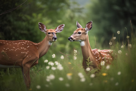 Two whitetail fawns in a meadow with flowersの素材