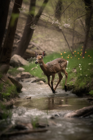 Deer running through a stream in the forest. Selective focus.の素材