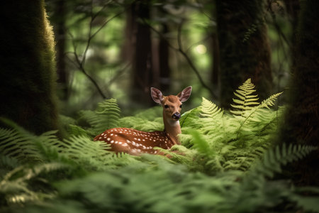 Beautiful fawn in the forest, with ferns aroundの素材