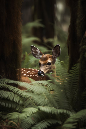 Young whitetail deer fawn with ferns in the forestの素材