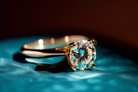 Jewelry ring with blue gemstone on a blue background.の素材
