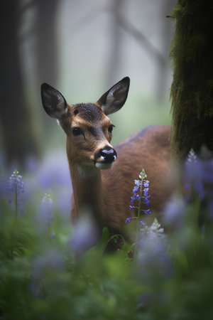 Young whitetail deer in the forest with bluebells.の素材