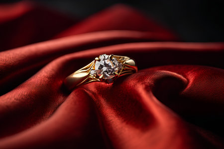 Jewelry diamond ring on a red satin background close upの素材