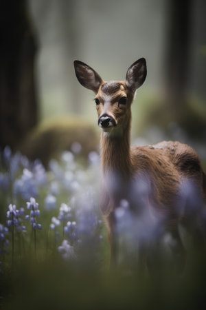 Young whitetail deer in a forest with bluebells.の素材