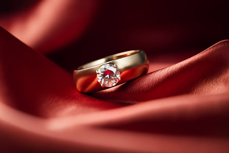 Wedding ring on a red satin background with copy spaceの素材