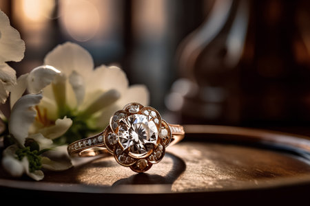 Wedding ring with diamond on the background of spring flowers.の素材