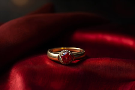 Wedding ring on a red satin background, close upの素材